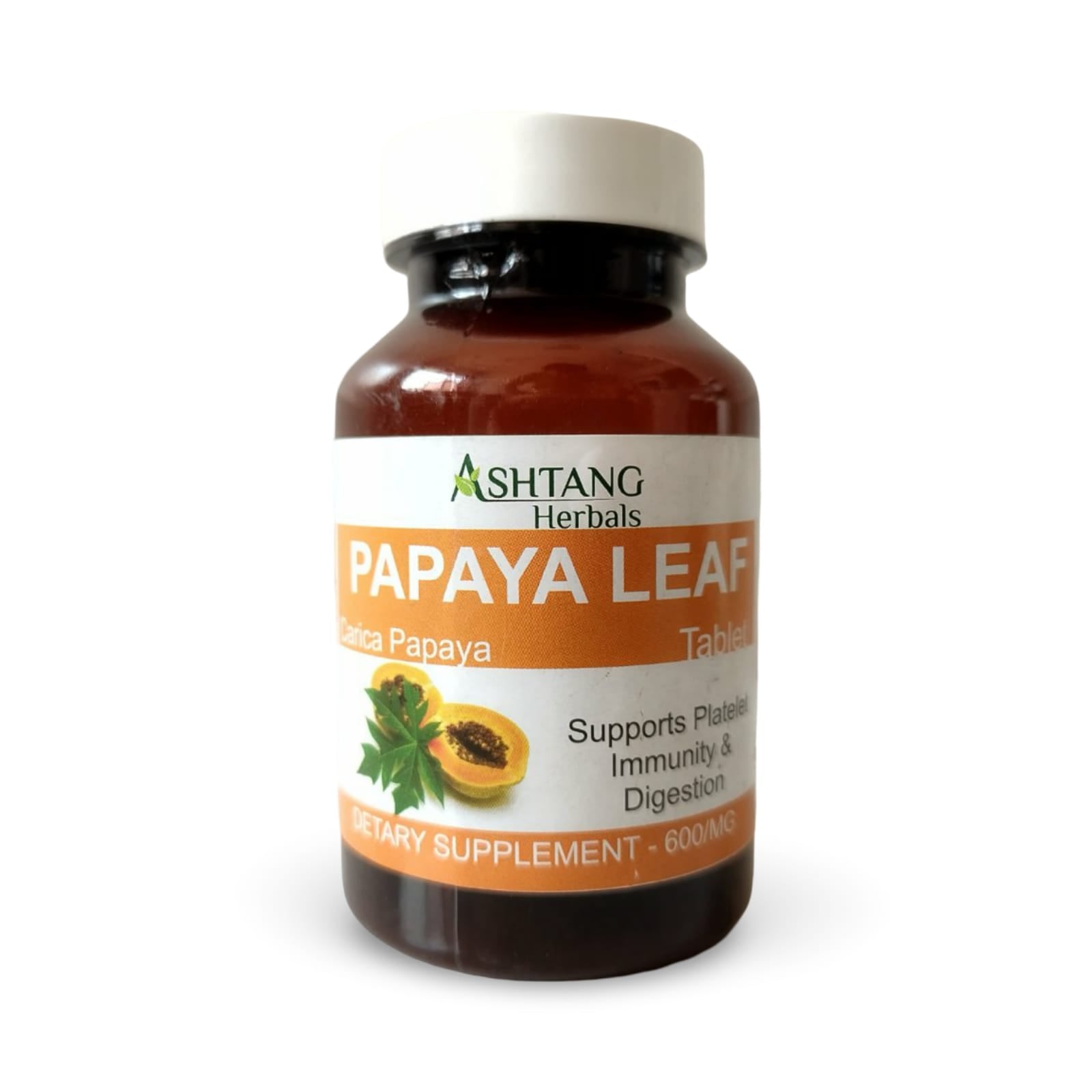 Bottle of Ashtang Herbals Papaya Leaf Tablets on a white background